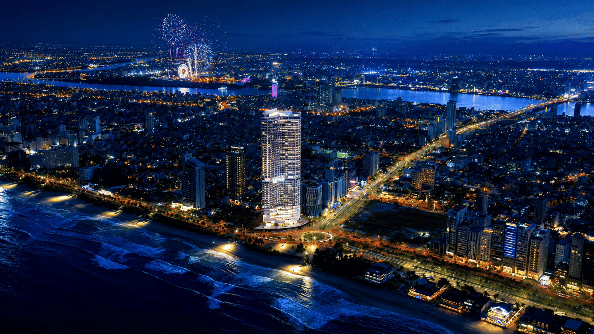 Nobu Residences Đà Nẵng lung linh về đêm, biểu tượng cho nhịp sống thời thượng và phồn hoa bên bờ biển Mỹ Khê.